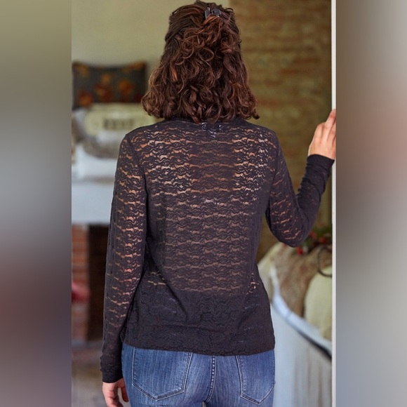 April Cornell Amelie Mock Turtleneck T-Shirt Floral Lace Black Sheer Size Medium - Picture 8 of 14